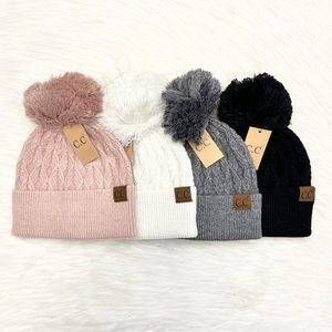 C.C Lurex Cable Knit Pom Beanie for Adults, Winter Hat, Soft Beanie, Warm Hat